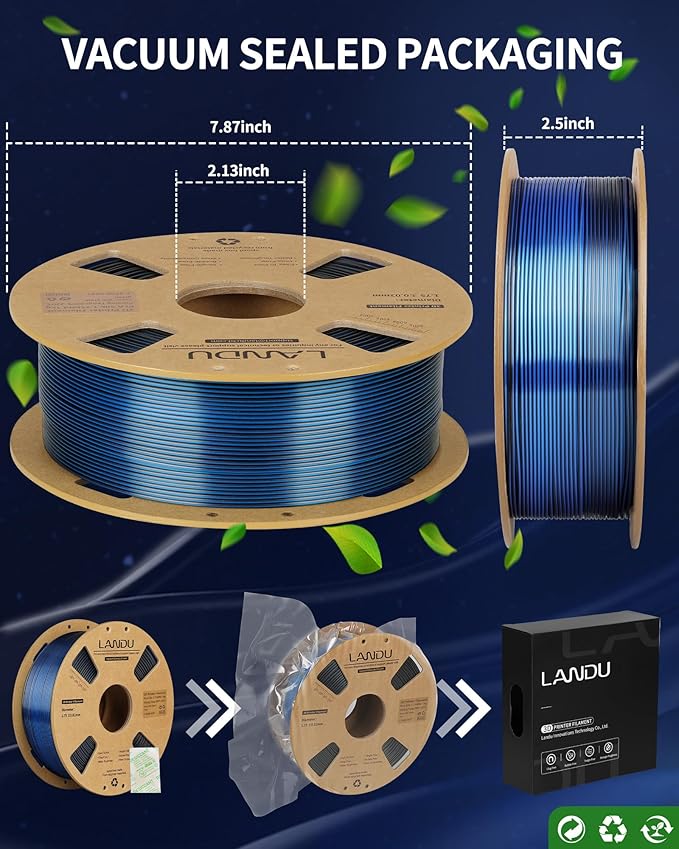 LANDU Silk Dual Color PLA Filament 1.75mm 1KG, 3D Printer Filament Dimensional Accuracy +/- 0.02mm, Coextrusion Filament PLA Shiny Filament Fits for Most FFF 3D Printers,1KG Spool (2.2lbs) Black Blue - Image 6