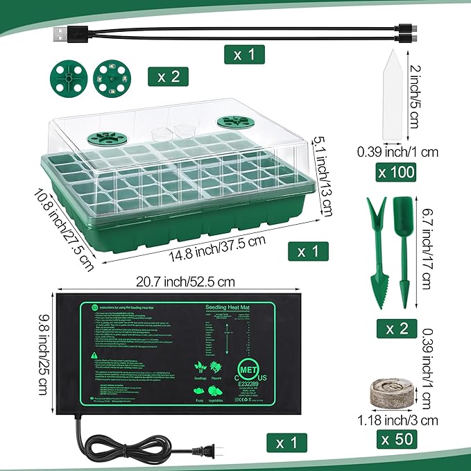 Seed Starter Kit with Grow Light Seedling Heat Mat 48 Cells Seed Starter Tray with Humidity Dome and Base Germination Trays Plastic Growing Trays Plant Propagation Kit for Seed Starting, Green - Image 2