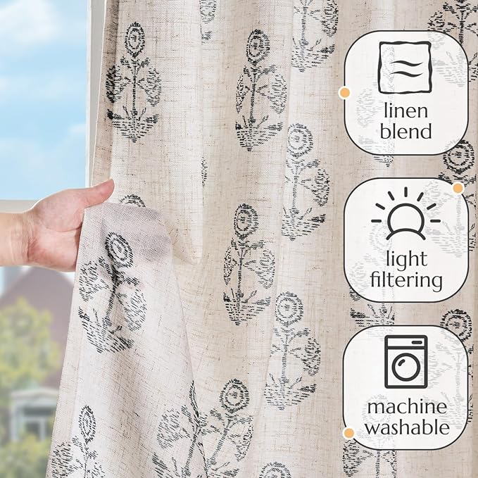 jinchan Linen Floral Curtains for Living Room 63 Inch Length Black Flower Cottage Core Farmhouse Curtains Rod Pocket Back Tab Boho Semi Sheer Window Drapes Bedroom Set 2 Panels Black on Beige - Image 4