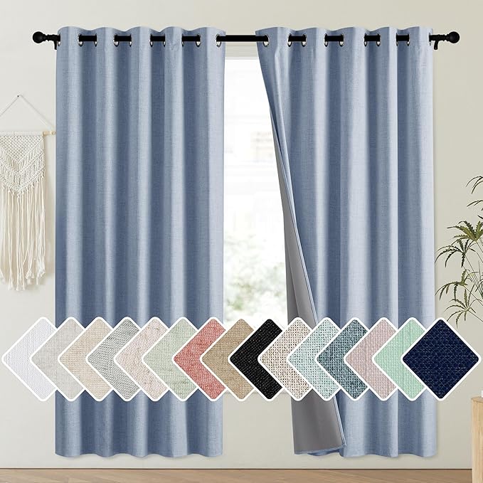 NICETOWN Stone Blue Vintage Linen 100% Blackout Curtains for Playroom, Thermal Insulated Curtains 72" Long, Noise Reducing Window Treatment Drapes for Laundry Room, 62" Wide Per Panel, Set of 2 by NICETOWN