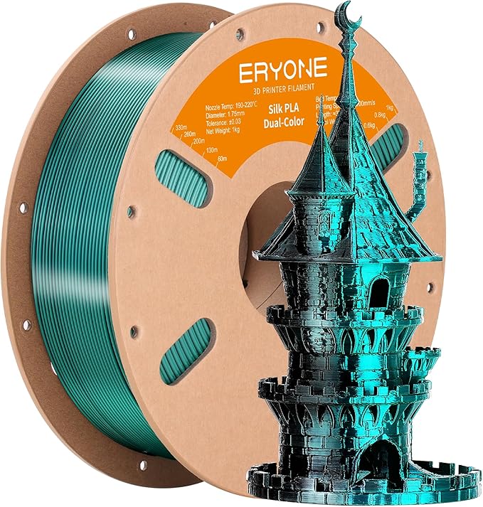 ERYONE Silk Dual Color PLA Filament 3D Printer 1.75mm +/- 0.03mm, Bicolor Filament Two Tone PLA 1KG(2.2lbs) Cardboard Spool, Black Green by ERYONE
