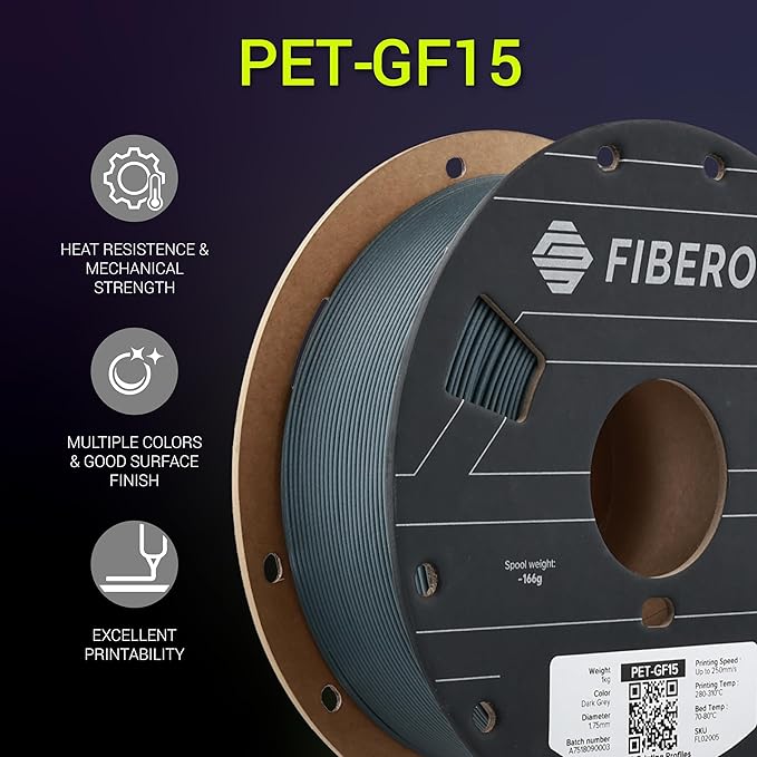 Polymaker Fiberon Dark Grey PET-GF15 3D Printer Filament 1.75mm 1KG, 15% Glass Fiber Reinforced, High Strength & Heat Resistance, Ideal for Automotive, Industrial & Functional Parts, AMS Compatible - Image 2