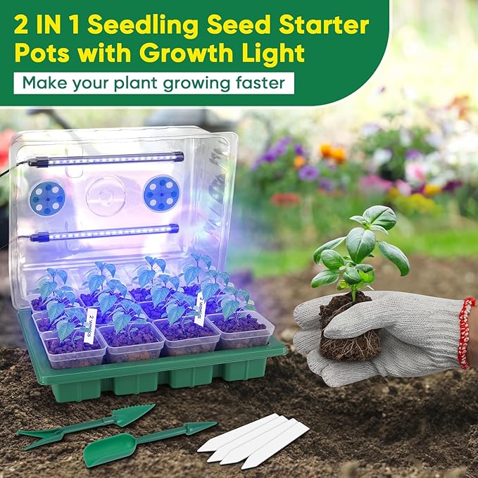BlumWay Seed Starter Tray with Grow Light,24 Pack 2.9 inch Reuseable Clear Nursery Pots with Silicone Base/Humidity Dome for Deep-Rooted Seedlings,Adjustable Timed Light Plant Starter Set - Image 6