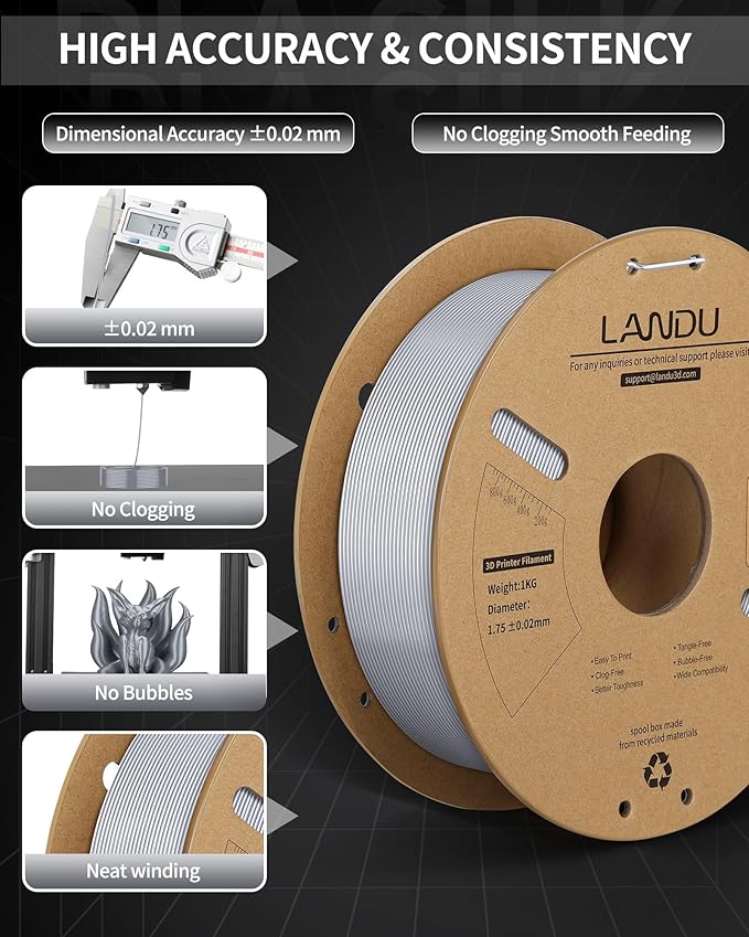 LANDU Silk PLA Filament 1.75mm Silver 1KG, 3D Printer Filament Dimensional Accuracy +/- 0.02mm, 1kg Cardboard Spool(2.2lbs), Neatly Wound 3D Printing Filament Fits for Most FFF 3D Printers, Silver - Image 3