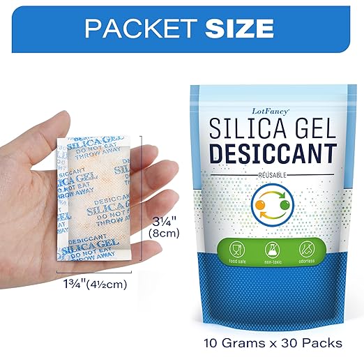 LotFancy Silica Gel Packets, 10 Gram 30 Packs Rechargeable Desiccant Dehumidifier, Indicating (Orange to Dark Green), Moisture Absorbing Bag for Clothes Shoes Ammo Storage - Image 7