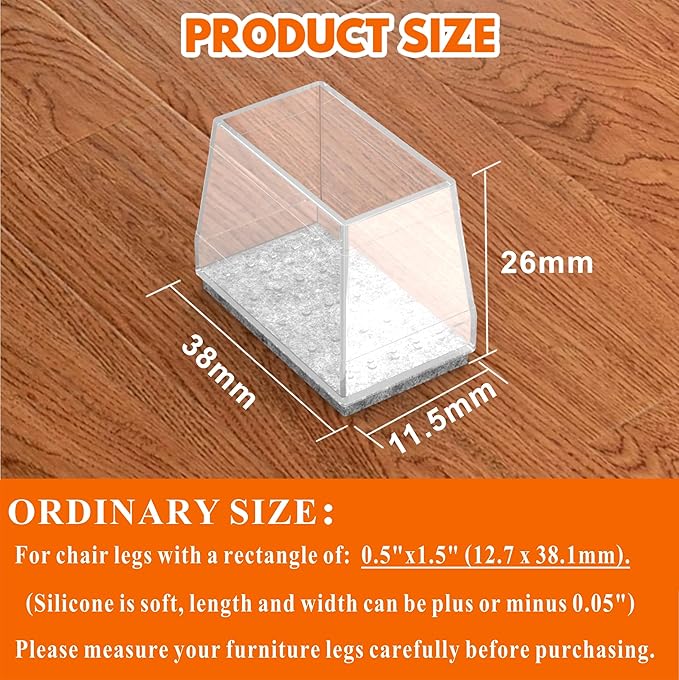 Rectangle Chair Leg Protectors for Hardwood Floors,16 PCS Silicone Covers to Protect Wood Tile Floors Felt Pads Furniture Leg Caps Reduce Noise. Easy to Move. (Clear,0.5 x 1.5 Inch, Rectangular) - Image 2