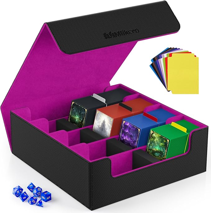 Mlikero Card Deck Case, 2400+ Trading Card Storage Box with 10 Colorful Dividers and 4 Foam Stoppers, Leather Magnetic Closure Commander Deck Box Fit for MTG, TCG (4 Rows, Black&Purple) by Mlikero