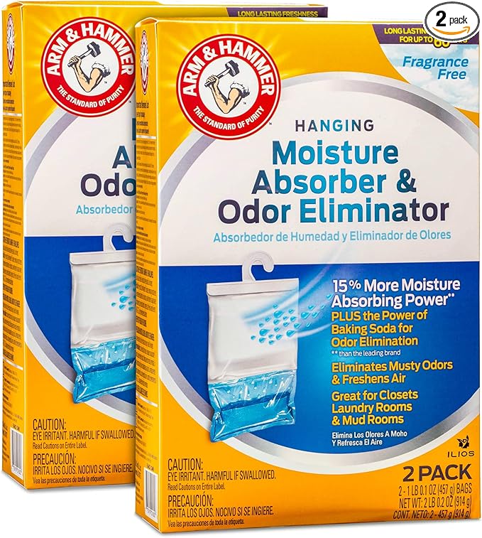 Hammer Hanging Moisture Absorbers and Odor Eliminator - 1 Fragrance Free & 1 Clean Burst - Humidity Packs Traps Moisture - Fresher Air - Humidity Absorber Dehumidifier Bags - 2 Pack, Packed by ILIOS by Ilios