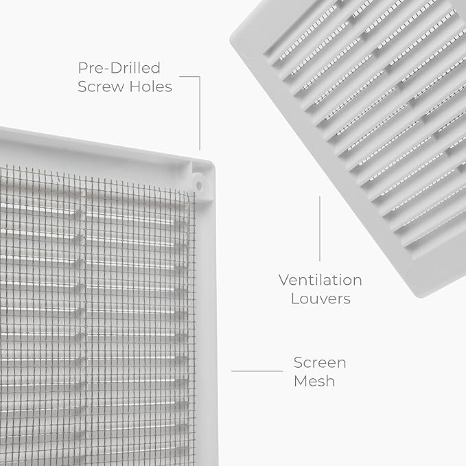 10-Pack 6" x 6" (Outer Size) Square Air Vent Cover – White Plastic Vent Deflector - Screen Mesh, Surface Mount Wall Ceiling – Cold Air Return Soffit Air Vent Cover - Register Indoor Outdoor - Image 7