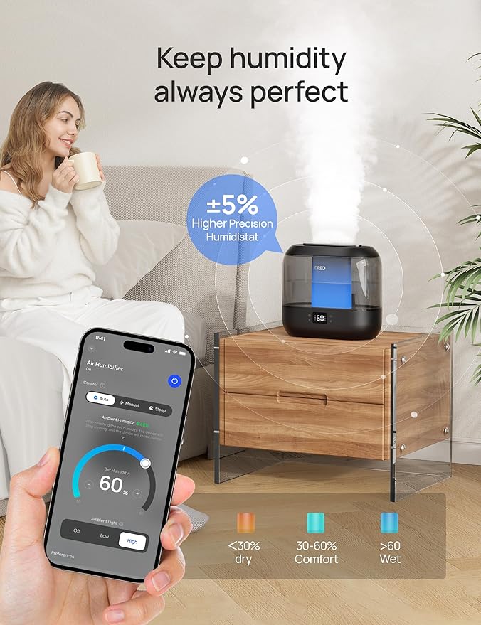 Dreo Smart Humidifiers for Bedroom-Filter Included, Top Fill 4L Humidifier Large Room with 28 dB, 36H Runtime, Touch/APP/Voice Control, Nightlight, Cool Mist Humidifiers for Baby, Plants, Ebony - Image 2