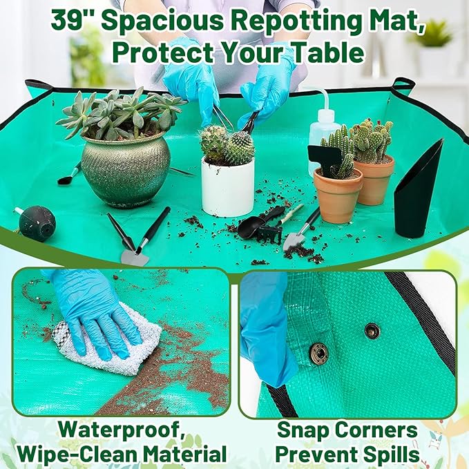 20pcs Small Gardening Tools Gifts for Women Beginners - Garden Hand Tools Set for Indoor Succulent Bonsai Plants Transplanting, Included 39.4" Plant Repotting Mat/Miniature Shovel/Labels, Green - Image 3