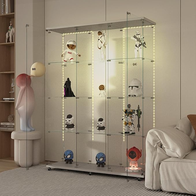 Yoluckea 4 Tiers Glass Display Cabinet Extra Large with Bluetooth LED Light Strip, 2 Doors Floor Standing Curio Cabinet with Universal Wheel for Home, White Glass Bookshelf for Collections, Wood Top - Image 6