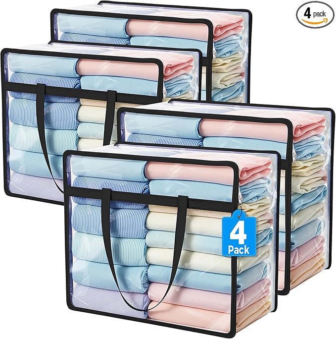 Budding Joy Clear Zippered Storage Bags for Clothes,40L Closet Organizers and Storage Containers Vinyl Moving Bag for Bedding, Linen, Blankets, Comforters, Clothing & Toys, Black, 4 Pack by BuddingJoy-BuildaJoyfulLifeforYou