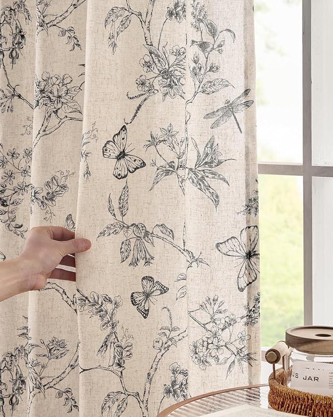 jinchan Floral Linen Curtains for Living Room 84 Inch Length Butterfly Curtain Black Floral Curtains French Country Farmhouse Curtain Flower Patterned Drapes Window Treatment Set 2 Panels - Image 3