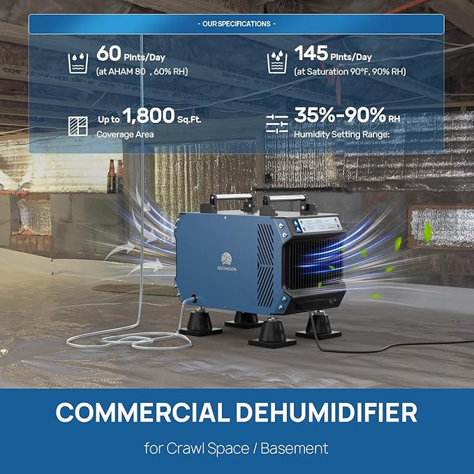 ARGENDON 145 Pint Crawl Spaces Dehumidifier with Pump, Energy Star Certified Commercial Dehumidifier with Drain Hose for Basement, Auto Defrost, Compact, Large Spaces up to 1800 Sq.Ft - Image 3