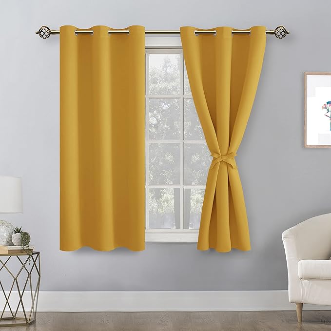 Hiasan Short Blackout Curtains for Bedroom - Thermal Insulated & Light Blocking Window Curtains for Living Room, 2 Drape Panels Sewn with Tiebacks, Mustard Yellow, 42 x 45 Inch - Image 2
