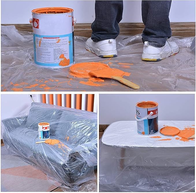 Clear Plastic Sheeting Drop Cloths for Painting, 5 Pcs 9x12ft Plastic Tarp Waterproof Dustproof Almost Tear Resistance Multi-Purpose Furniture Cover Floor Wall Protection Film - Image 3