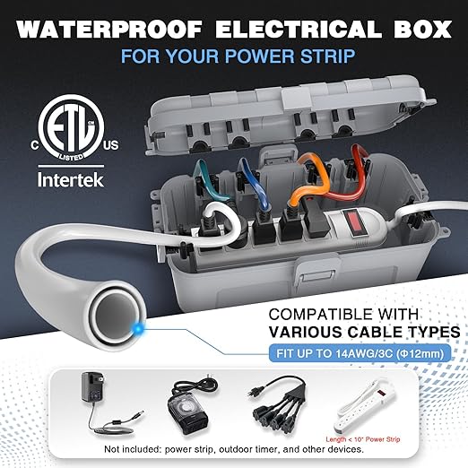 Flemoon Medium Outdoor Electrical Box (11.5x5.2x4 inch), IP54 Waterproof Extension Cord Cover w/6 Cable Entry Ports, Weatherproof Connection Box for Power Strip, Timer, Holiday Lights, Light Grey - Image 2