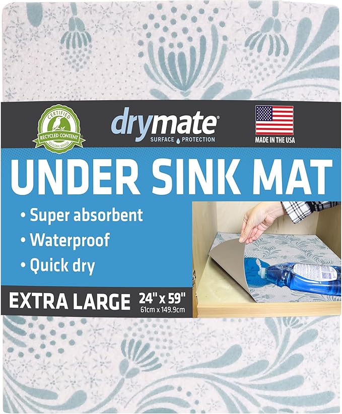Drymate Premium XL Under Sink Mat, Waterproof Cabinet Protection Mats for Kitchen & Bathroom, Absorbent Shelf Liners, Slip-Resistant, Non-Adhesive, Machine Washable (USA Made)(24”x59”)(Light Blue) by Drymate