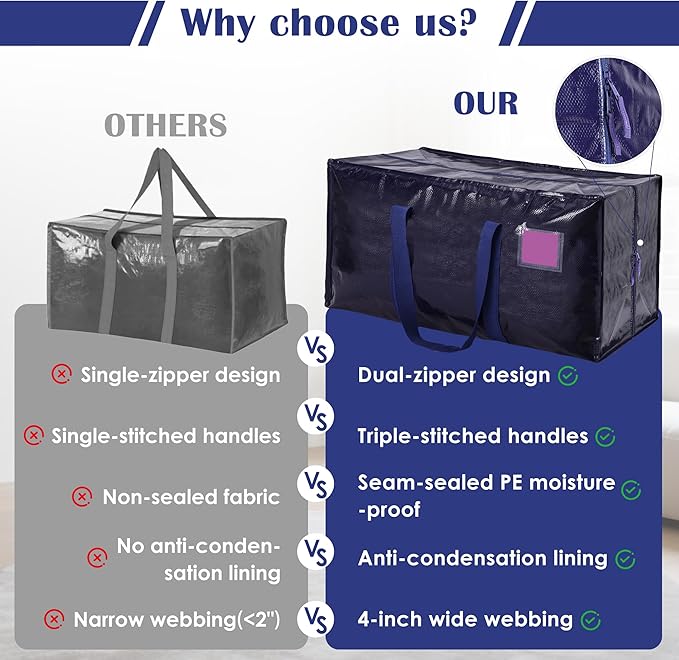 6 Pack Extra Large Heavy Duty Moving Bags with Reinforced Zipper & Wide Handles, Moisture-Resistant Storage Bins Packing Cubes for Clothes, College Dorm, Travel, and Home Organization, Dark Blue - Image 8