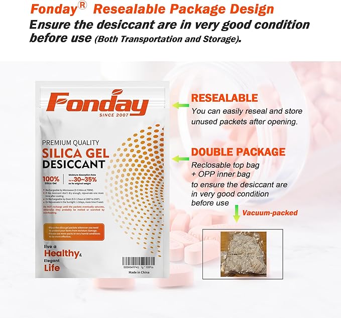 20g x 100 Packs Fonday Rechargeable Silica Gel Desiccant Packets Food Grade Fast Reactivate Desiccant Bags Moisture Indicating Orange to Green for Food Storage, Electronics, 3D Filament & Safes - Image 7