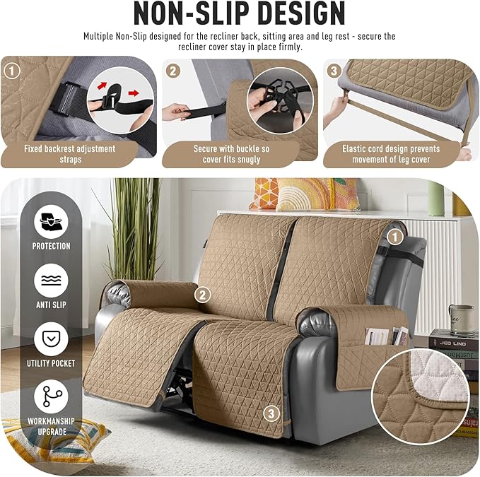TAOCOCO 100% Waterproof Recliner Cover, Non-Slip Washable Reclining Couch Cover with Elastic Leg Straps, Furniture Protector for Dogs (Camel, 2 Seater) - Image 5