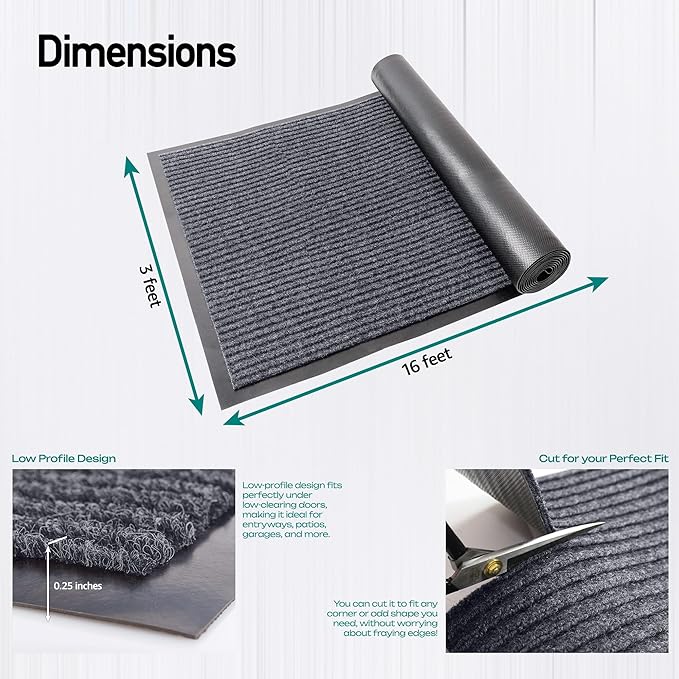 MaxMat® Oversized Rubber Door Mat - Heavy Duty, Waterproof, Low-Profile, Easy to Clean, Commercial Floor Mat (3 x 16 Feet, Grey, MXM-RIB0316GR) - Image 2