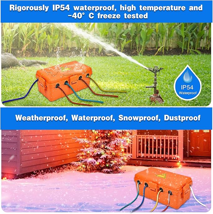 Hrensaw Medium Outdoor Electrical Box(10.6x5.5x4.5inch),Weatherproof Connection Box w/6 Cable Entry,IP54 Waterproof Extension Cord Cover Protect Power Strip,Timer,Plug,Holiday Lights,Orange - Image 5