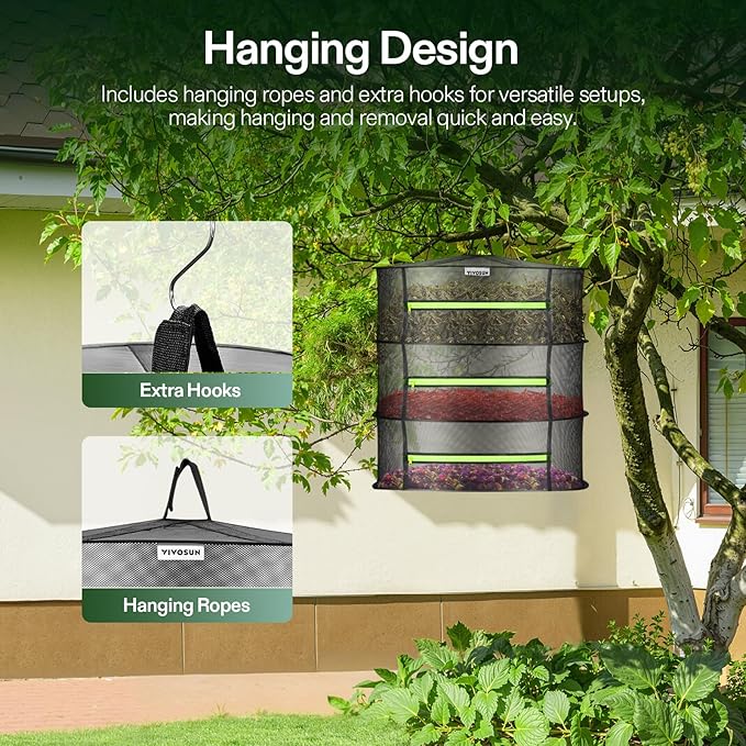 VIVOSUN 3-Layer Mesh Drying Rack Hanging Design with Green Zippers for Dehydrating, Indoor and Outdoor Pruning Shears Included - Image 3
