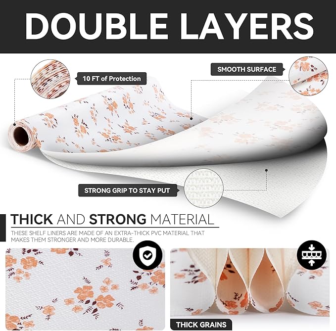 RAY STAR Shelf Liner, Non Adhesive Pink Orange Floral Printed Kitchen Cabinet Liner for Pantry Drawer Vanity, Strong Grip Non Slip, Shelf Liners for Kitchen Cabinets Cupboard 12 Inch x 10 FT (4 Rolls) - Image 7