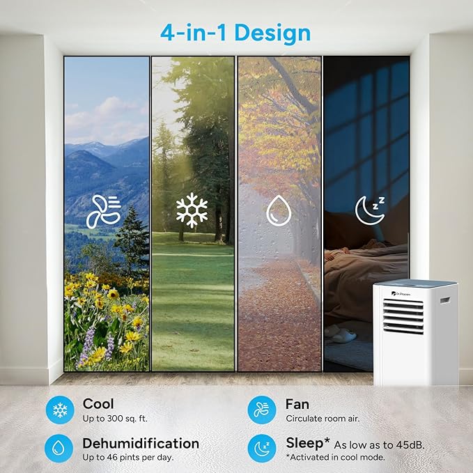 DR.PREPARE 8,000 BTU Portable Air Conditioner, Cooling, Dehumidifier, Fan & Sleep Modes 4-in-1 Portable AC w/Remote Control & 67'' Window Kit, Cools Up To 300 sq. ft, 1-24H Timers - Image 3