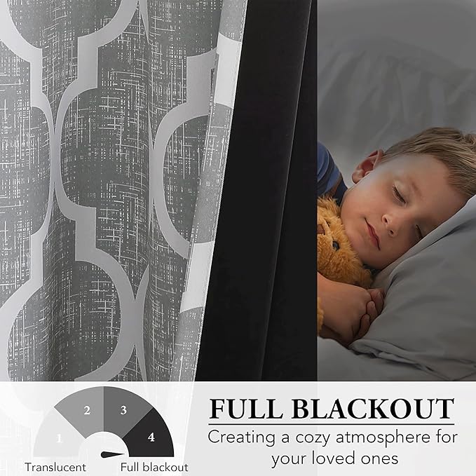 Beauoop 100% Blackout Curtains 54 Inches Long 2 Panels for Bedroom Living Room Grey Moroccan Geo Room Darkening Thermal Insulated Soundproof Grommet Top Window Treatments Drapes, 50x54 Set of 2 - Image 5
