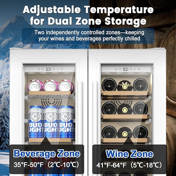 24 Inch Dual Zone Wine and Beverage Refrigerator - Under Counter Built-in/Free Standing Beverage Cooler with Glass Door,Beverage Fridge with Large Capacity, Advanced Cooling System, White - Image 3
