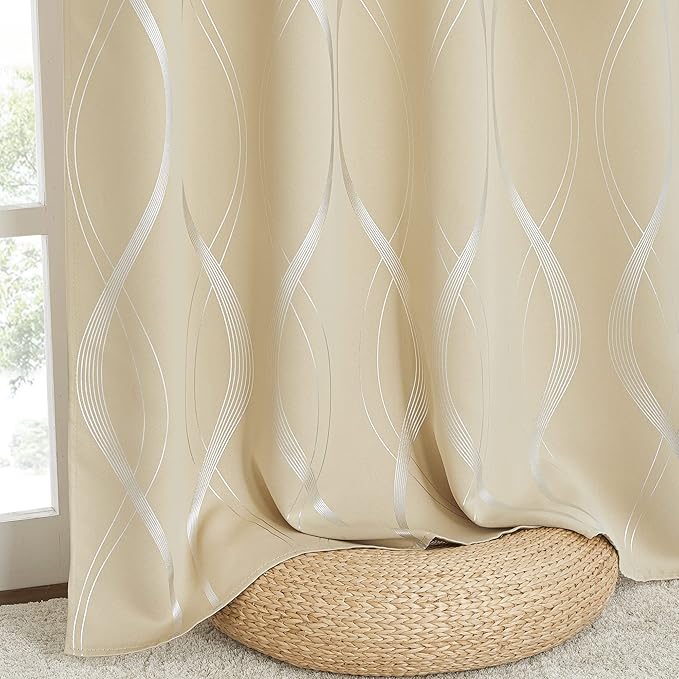 NICETOWN Bedroom Curtains Small Blackout Panels, Biscotti Beige, Set of 2, 42 by 40 Inch, Window Treatment Thermal Insulated Blackout Wave Line Foil Print Design Curtains for Kitchen, Cafe, Loft - Image 4