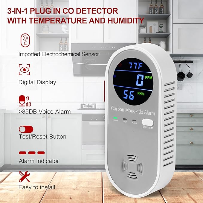 Plug in Carbon Monoxide Detector, Carbon Monoxide Alarm, 3-in-1 Real-time Digital Display CO Level, Fahrenheit(°F) & Humidity, Co Detector Monitor for Home,RV,Apartment - Image 4