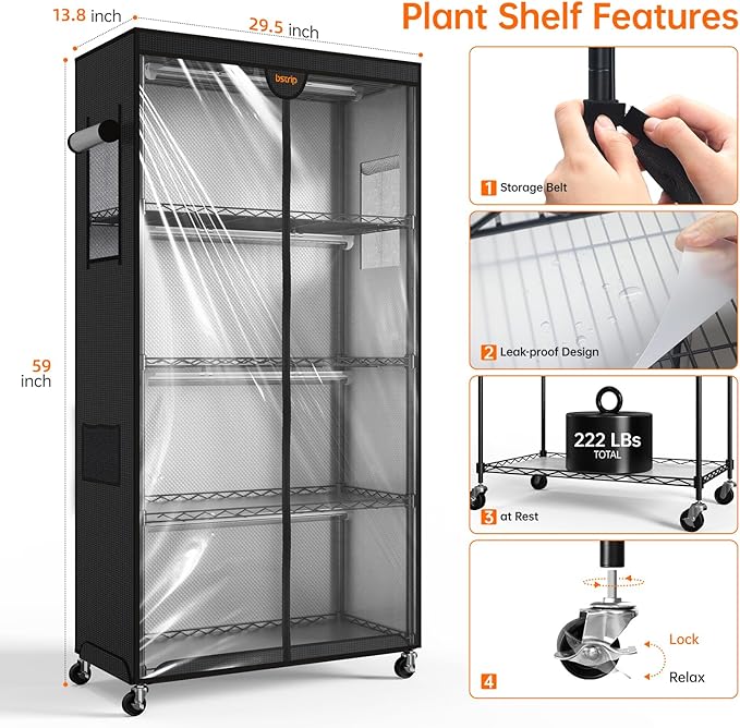 Bstrip Indoor Greenhouse with Grow Light, Plant Stand with 4 Pack 24W Full Spectrum Plant Lights, Plant Shelf with Tent for Indoor Plant, Seed Starting, Seed Tray, 29.5"x13.8"x59" - Image 2
