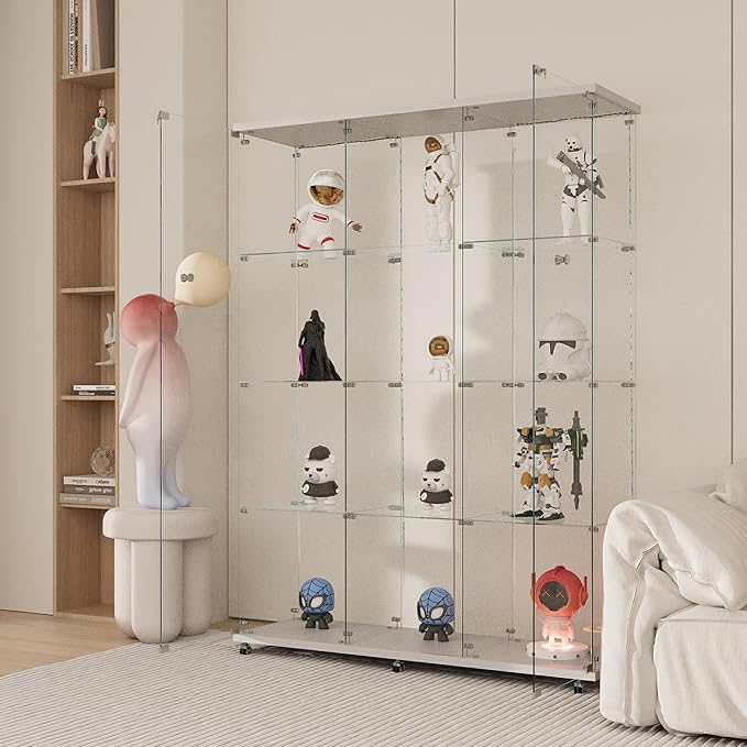 Yoluckea 4 Tiers Glass Display Cabinet Extra Large with Bluetooth LED Light Strip, 2 Doors Floor Standing Curio Cabinet with Universal Wheel for Home, White Glass Bookshelf for Collections, Wood Top - Image 7
