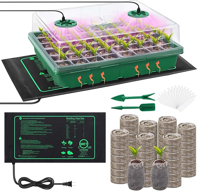 Seed Starter Kit with Grow Light Seedling Heat Mat 48 Cells Seed Starter Tray with Humidity Dome and Base Germination Trays Plastic Growing Trays Plant Propagation Kit for Seed Starting, Green by Hahood