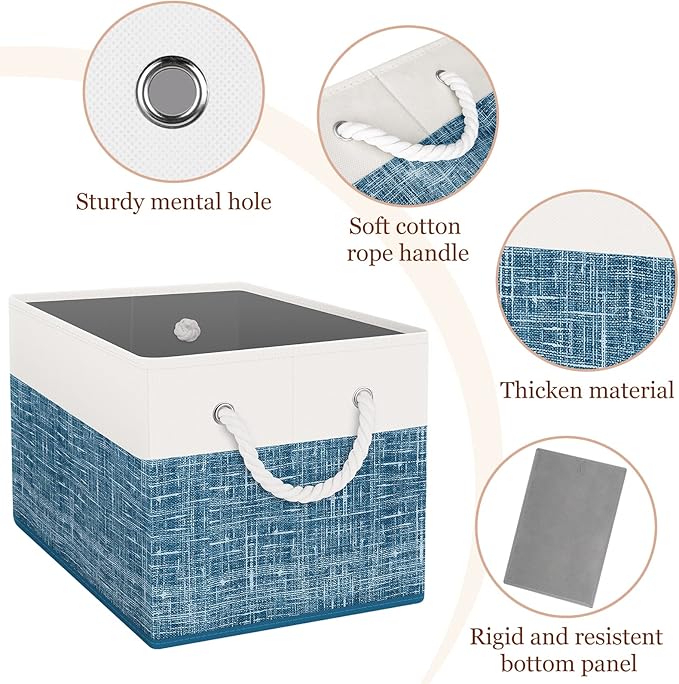 Storage Bin,Collapsible Storage Basket For Organizing,Large Storage Boxes With Rope Handles,Storage Containers,White & Blue,8 Pack - Image 3