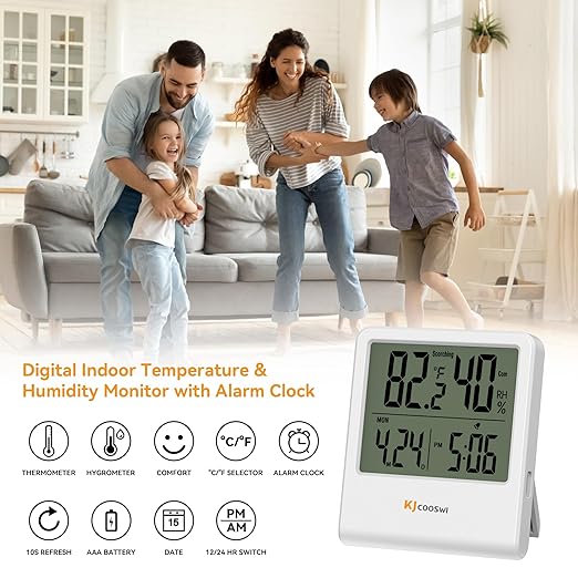Indoor Thermometer, Room Thermometer and Hygrometer with Clock, Temperature and Humidity Meter with Clock, Double Comfort Indicator, Time, Date(White) - Image 3