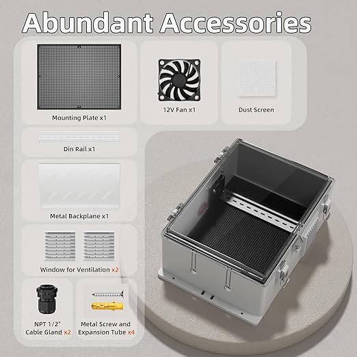 Joinfworld Outdoor Electrical Vented Box Outdoor Waterproof Junction Enclosure 16x11x6 Plastic WiFi Box with Stainless Steel Buckle Dust Screen 12V Fan - Image 5