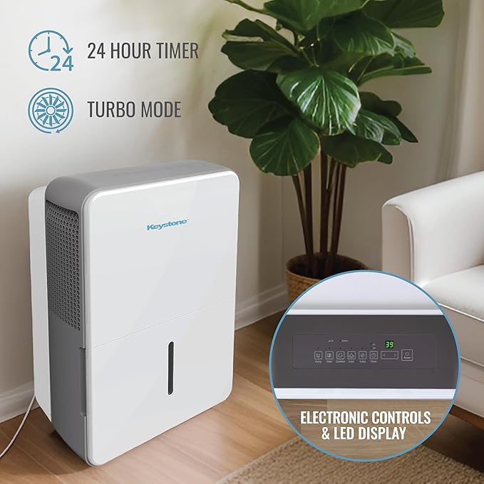 Keystone 50-Pint Portable Dehumidifier for Basement, Garage, Living Room, and Extra Large Rooms up to 4,500 Sq.Ft., 115V, Quiet Dehumidifier for Home and Moisture Absorber with Auto-Shutoff and Timer - Image 9