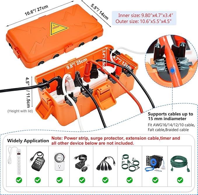 Hrensaw Medium Outdoor Electrical Box(10.6x5.5x4.5inch),Weatherproof Connection Box w/6 Cable Entry,IP54 Waterproof Extension Cord Cover Protect Power Strip,Timer,Plug,Holiday Lights,Orange - Image 2