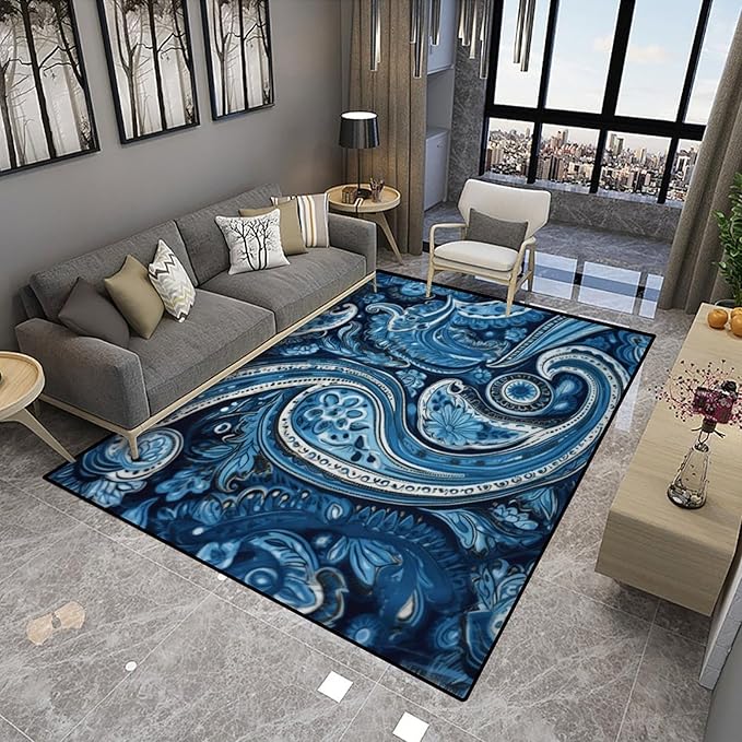 Blue Paisley Design Printing Washable Runner Rug - Fade, Flame, Quick Dry, Stain Resistant Area Carpet for Living Room Bedroom, 18 x 30 Inch - Image 4