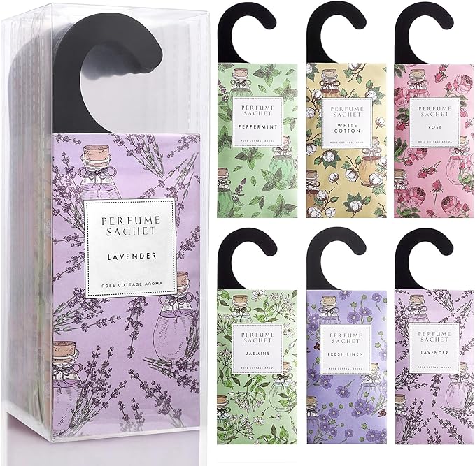 ROSE COTTAGE Large 12 Packs Hanging Closet Deodorizer Air Freshener Scented Sachets Long Lasting Smell Goods 6 Scents Option - Lavender, Linen, Cotton, Mint, Jasmine, Rose by ROSECOTTAGE