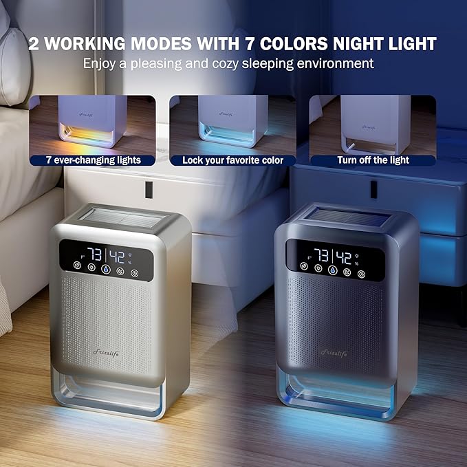 Frizzlife Air Dehumidifier, 135oz Water Tank W/Purifying Function, Quiet Small Dehumidifiers With Sleep Mode For Home, Bedroom, Bathroom, Basement W/Auto Shut Off, 7 Colors LED Light, Gray - Image 5