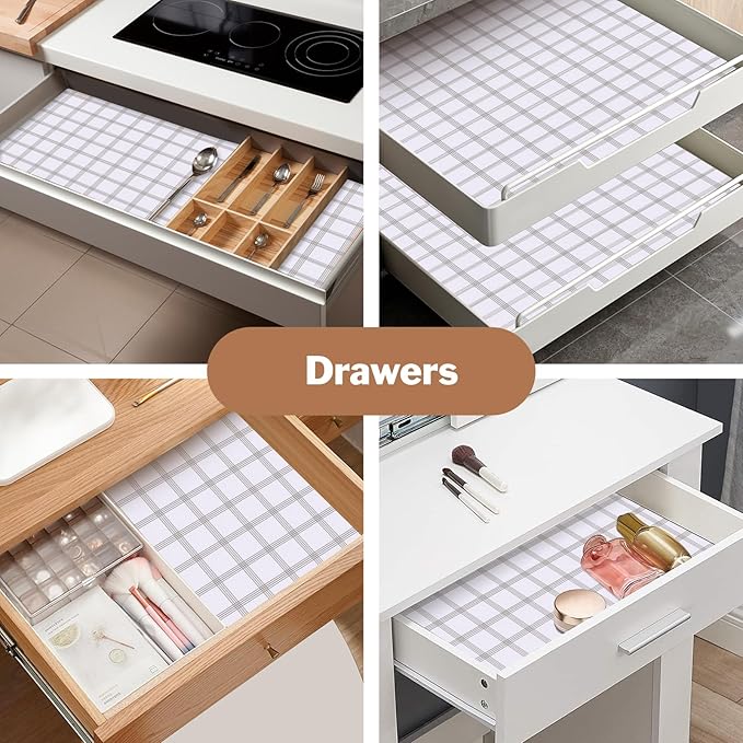 Drawer and Shelf Liner for Kitchen Cabinet: 12 in X 20 Ft Non Slip Waterproof Shelf Paper Non Adhesive Refrigerator Liners White Square Easy Liners for Bathroom Cupboard with Knife Tape Measure - Image 7