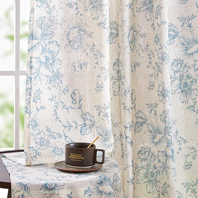 jinchan Linen Blend Curtain Floral Curtains for Living Room 84 Inch Length Blue Printed Curtain Rod Pocket Back Tab Farmhouse Peony Flower Patterned Drapes Bedroom Window Curtains Set 2 Panels - Image 5
