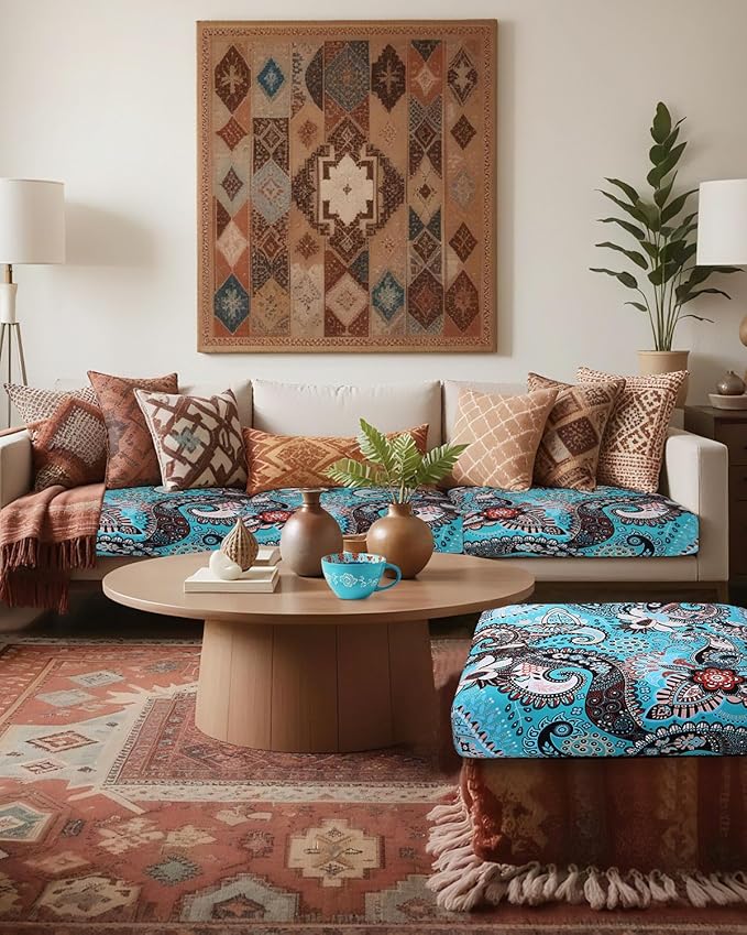 Fuloon Sofa Cushion Covers, Stretch Printed Seat Cushion Cover Couch Seat Slipcovers Washable Furniture Protector for Armchair Loveseat Sofa (Floral Turquoise, 2 PCS) - Image 2