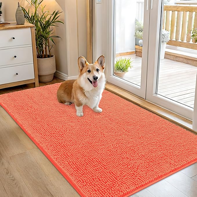 OLANLY Dog Door Mat for Muddy Paws 54x32, Absorbs Moisture and Dirt, Absorbent Non-Slip Washable Doormat, Quick Dry Chenille Mud Mat for Dogs, Entry Indoor Entryway Carpet for Inside Floor, Coral by OLANLY